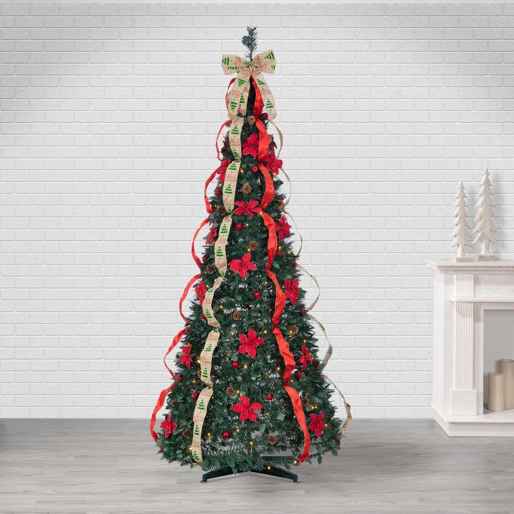 7.5 ft Pre-Lit Green Pine Christmas Tree with Red and Gold Decorations