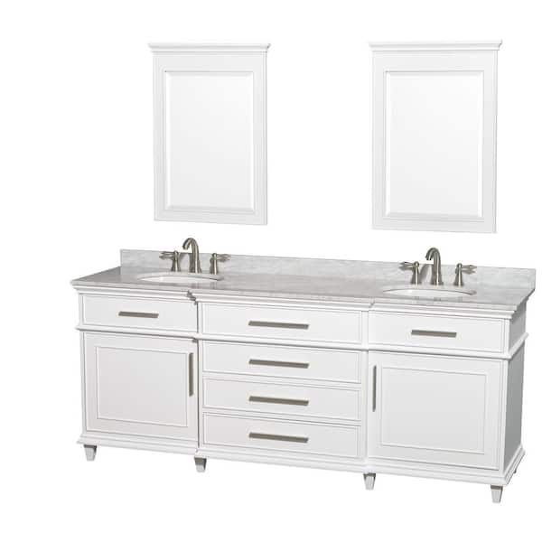 Wyndham Collection Berkeley 80 in. Double Vanity in White with Marble Vanity Top in Carrara White, Oval Sink and 24 in. Mirrors