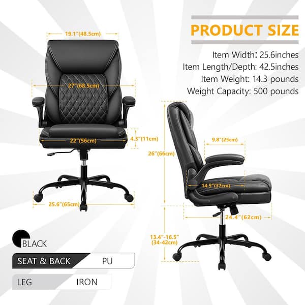 Black Sponge Cushion Arm Chair with Textured PU Leather, Adjustable Armrests and Backrest, SGS-certified Gas Lift