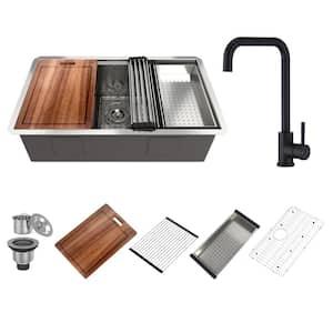 32 in. Drop-In/Undermount Single Bowl 18 Gauge Brushed Stainless Steel Kitchen Sink with Faucet and Accessories