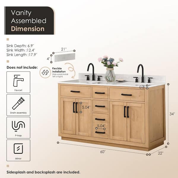 Gavino 60 in. W x 22 in. D x 34 in. H Bath Vanity in Light Brown with Grain White Composite Stone Top