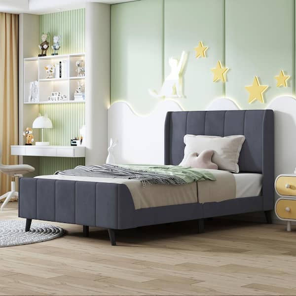 Harper & Bright Designs Channel-Tufted Gray Wood Frame Twin Size Velvet Upholstered Platform Bed with Additional Bed and Slats Support Legs