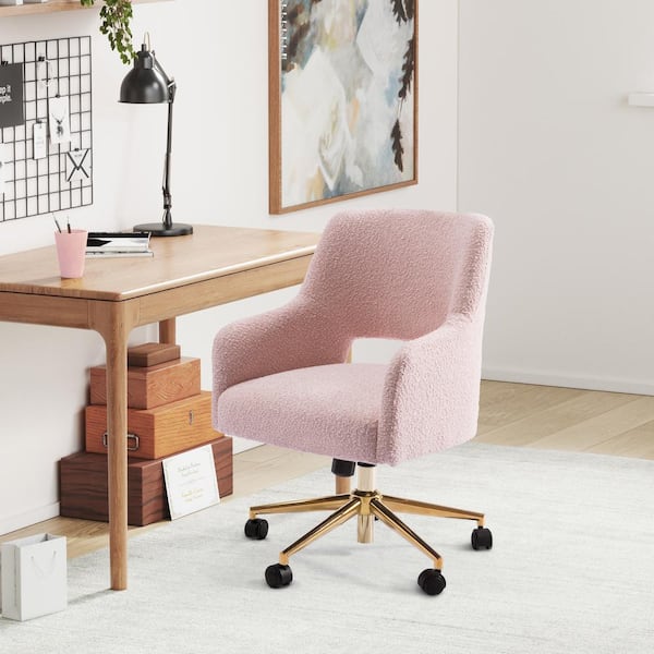 Stain Resistant Boucle Fabric Upholstered Adjustable Height Office Vanity Swivel Task Chair with Wheels in Dusty Pink