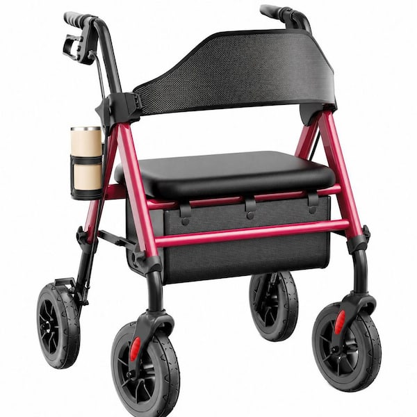 Foldable Rollator Walker with Seat for Seniors, Reinforced Aluminum Frame, 8 in. Rubber Wheels, Height Adjustable