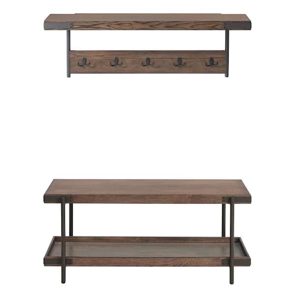 Alaterre Furniture Kyra 42 in. L Oak and Metal Coat Hook with Shelf and Bench Set