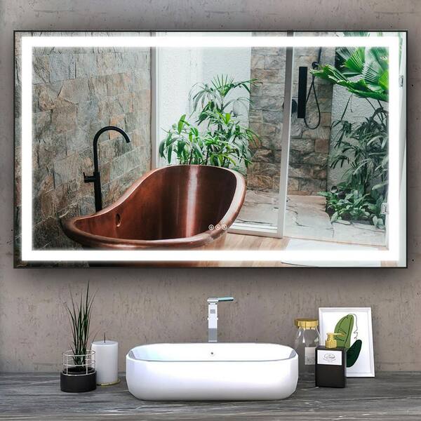 FORCLOVER 72 in. W x 36 in. H Rectangular Aluminum Framed Anti-Fog Dimmable LED Wall Mounted Bathroom Vanity Mirror in Matte Black