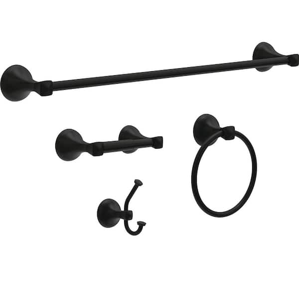 Esato 4-Piece Bathroom Hardware Set 18 in. Towel Bar, Toilet Paper Holder, Ring, Hook in Matte Black