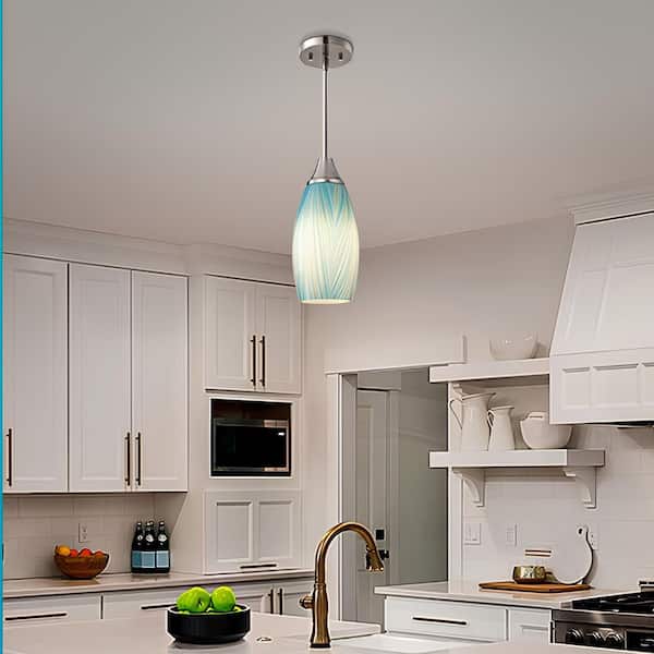 60 Watt 1 Light Lake Blue Adjustable Rods Medium Pendant Light with Hand Blown Glass Shade, No Bulbs Included