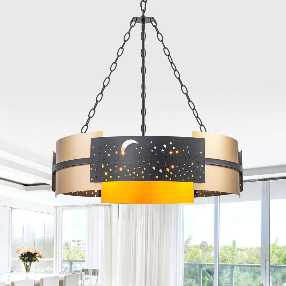 26 in. 6-Light Black and Gold Chandelier Round Drum Pendant Light for Dining Room, Living Room price history on PriceWatchPro