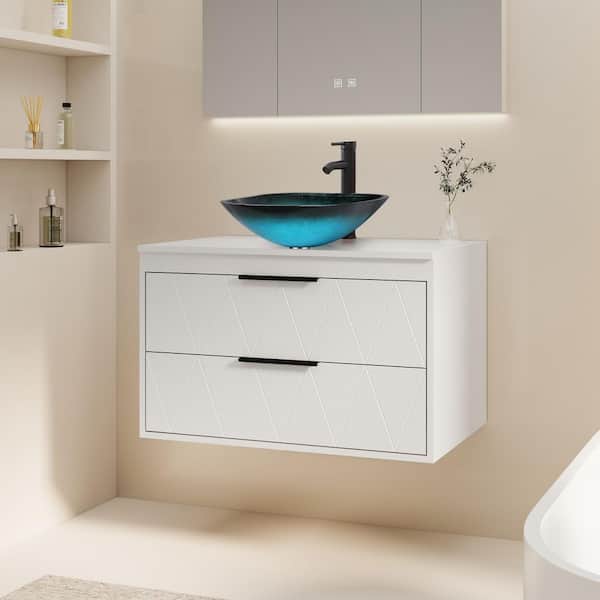 30 in. W x 20.5 in. D x 18.7 in. H Single Sink Bath Vanity in White with Turquoise Glass Vessel Sink Top ORB Faucet Set