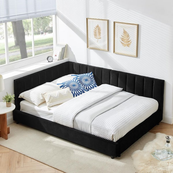 Velvet Upholstered Black Wood Frame Full Size Platform Bed with Backrest and Armrest