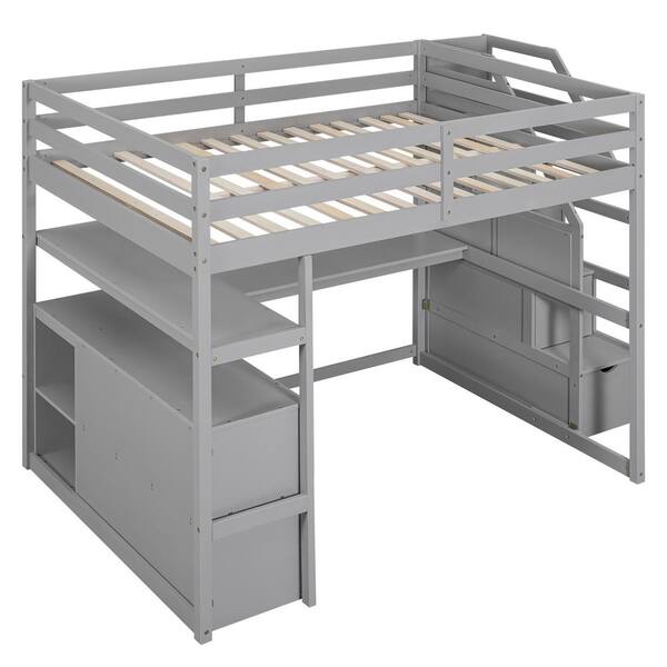 Yiekholo Gray Full Study Loft Bed with Writing Board, Built-in Desk, and Storage Cabinet