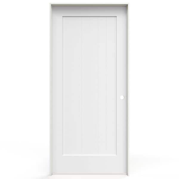 JELD-WEN 36 in. x 80 in. 1 Panel Left-Handed Solid Core White Painted Wood Single Prehung Interior Door w/ V-Groove Plank Panel