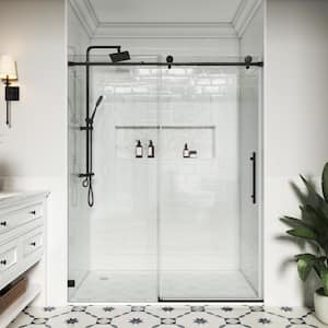 60 in. W x 76 in. H Single Sliding Frameless Soft-Closing Shower Door in Matte Black with Easy-Clean 5/16 in. Glass