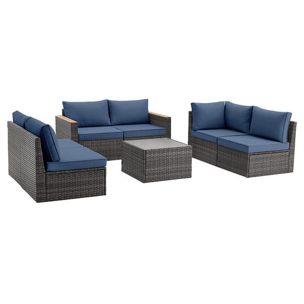 Unbranded Gray Frame 7-Piece Wicker Outdoor Sofa Sectional Set with Blue Cushions, Outdoor Patio Furniture Exclusive Quick Install