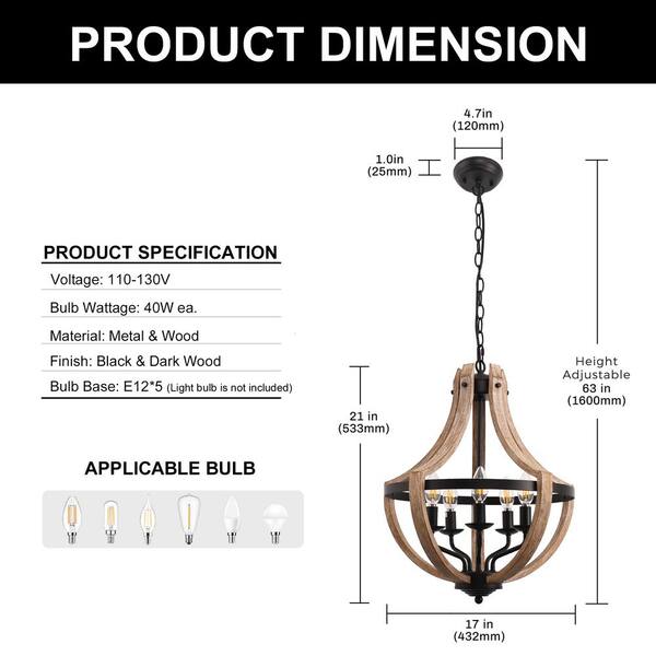 YANSUN Modern Geometric 5-Light Chandelier, Black and White Wood