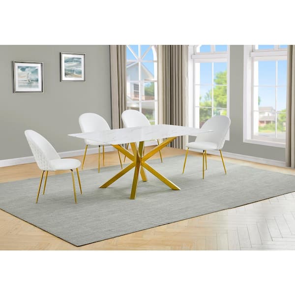 Best Quality Furniture Riley 5-Piece White Marble Wrap Glass Top Cross Leg Base Dining Set with 4 White Faux Leather Chairs