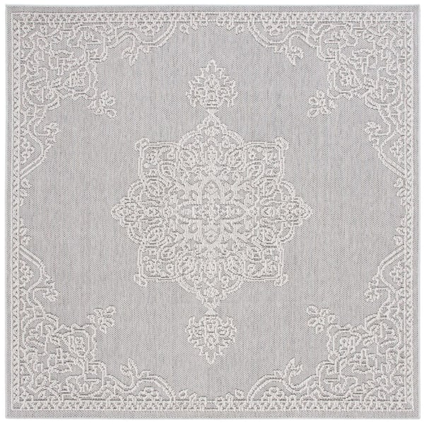 Global Gray/Ivory 7 ft. x 7 ft. Ornate Border Medallion Indoor/Outdoor Square Area Rug