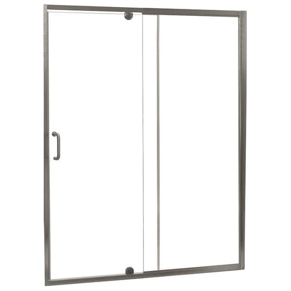 CRAFT + MAIN Cove 42 in. x 69 in. Semi-Frameless Pivot Shower Door and Fixed Panel in Brushed Nickel with C-Handle and Knob