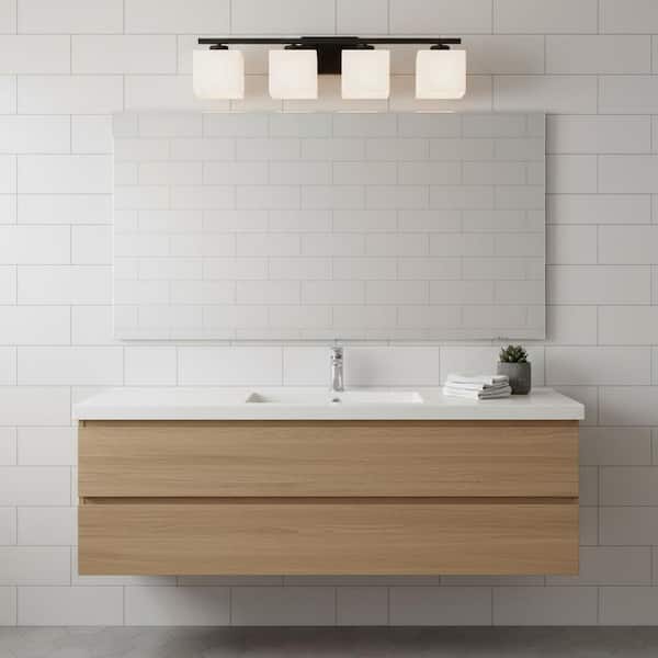 31 in. 4-Light Matte Black Modern Square Vanity Light with Milk White Shades, KD Wall Light for Bathroom, Bedroom