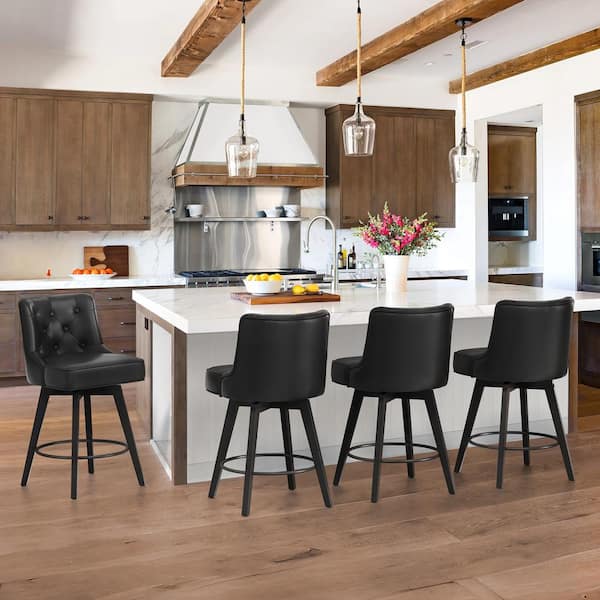 Roman 26.5 in. Black Faux Leather Solid Wood Leg Counter Height Swivel Bar Stool With Back（Set of 4）