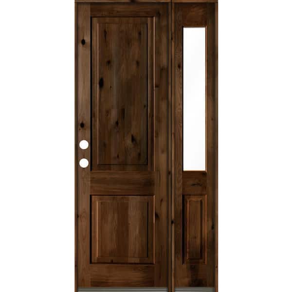 Krosswood Doors 44 in. x 96 in. knotty alder Right-Hand/Inswing Clear Glass Provincial Stain Square Top Wood Prehung Front Door w/RHSL