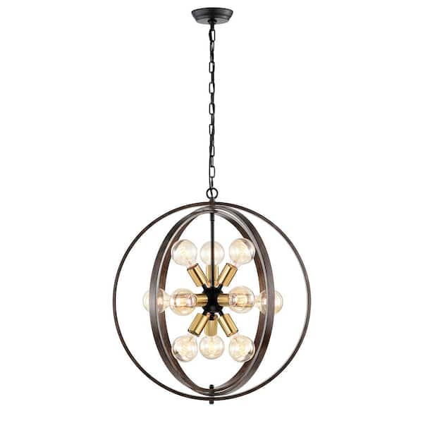 Jojospring Sara 23.6 in Dia 12-Light Faux Wood Brushed Shiny Brass Orb Sputnik Chandelier