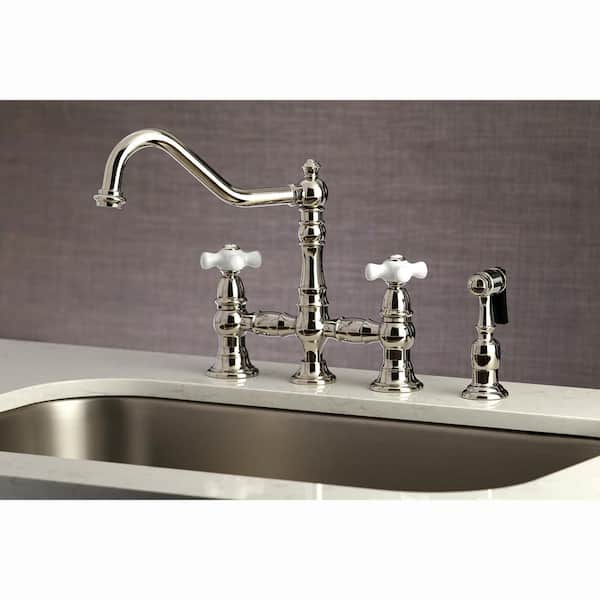 Restoration 2-Handle Bridge Kitchen Faucet with Side Sprayer in Polished Nickel
