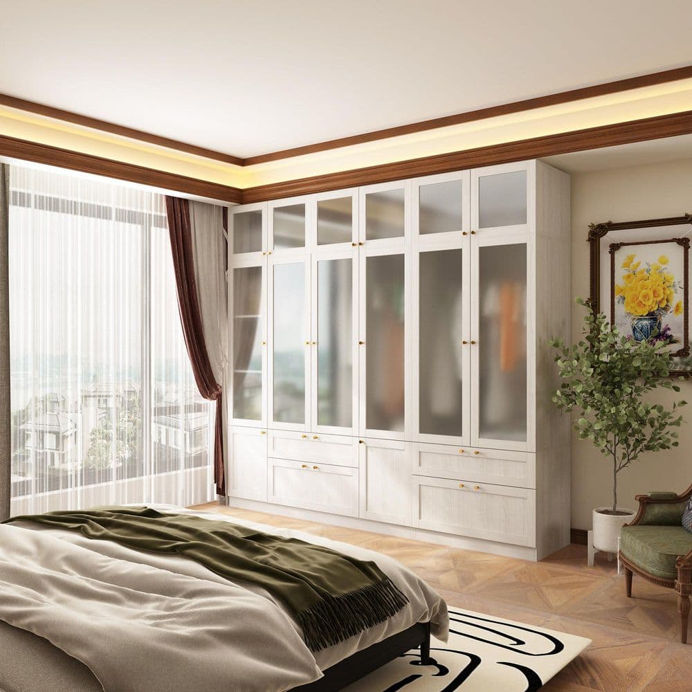 Light Oak Wood 94.5 in. Bedroom Wardrobe with Frosted Glass Doors, Hanging Rod, and Multiple Storage Drawers - thumbnail 10