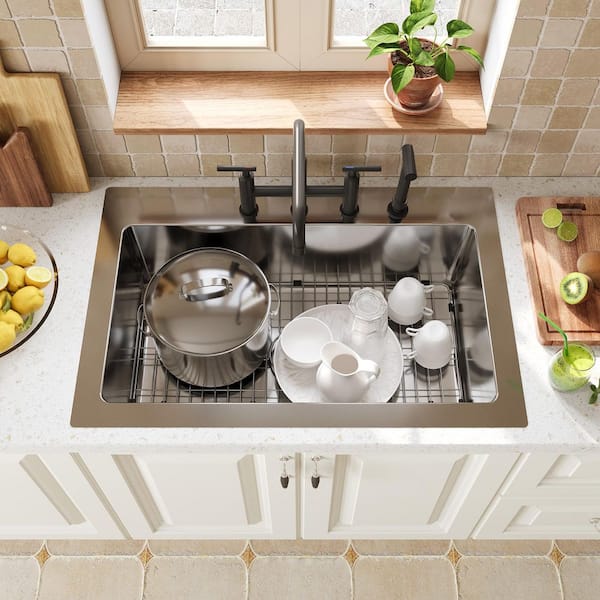 33 in. Drop-In Single Bowl 18 Gauge Brushed Stainless Steel Workstation Kitchen Sink with Bottom Grid and Drain Assembly