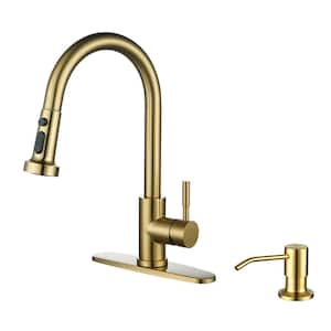 Henassor Single Handle Pull-Down Sprayer Kitchen Faucet with Advanced Spray and Soap Dispenser in Gold