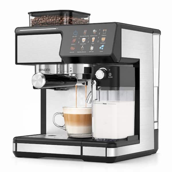 2-Cup 3-in-1 Espresso Machine Coffee Maker in Silver with Built-in Grinder, Hot and Cold Brew and IMD panel