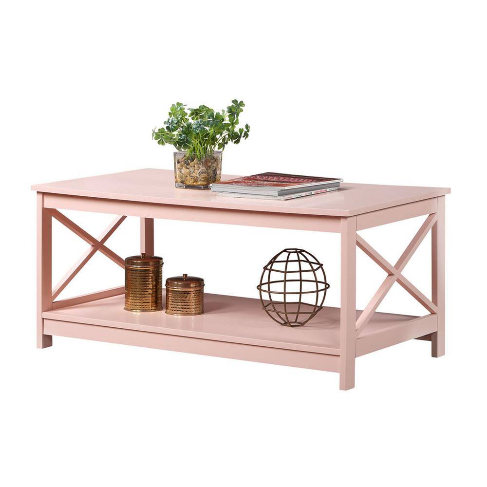 Blush Pink Rectangular Wood Coffee Table with Storage Shelf