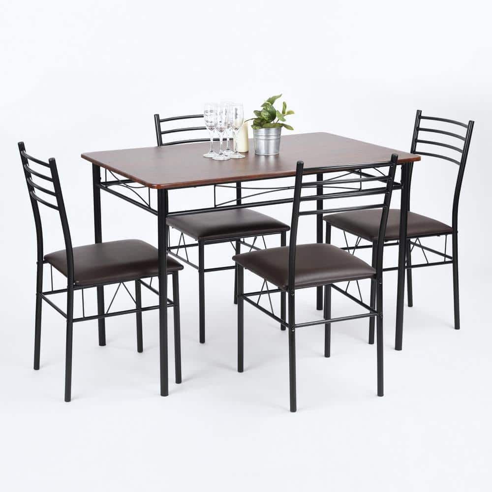 Black 5-Piece Metal Outdoor Dining Set with Walnut Cushions