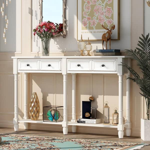 58 in. Ivory Rectangle Wood Long Console Table Sofa Table with 2-Drawers and Bottom Shelf for Living Room Entryway
