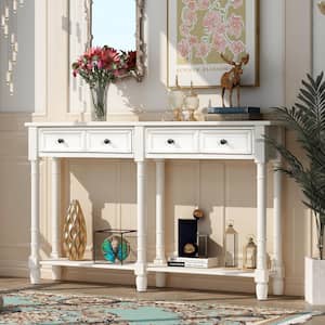 58 in. Console Table Sofa Table Easy Assembly with 2-Storage Drawers and Bottom-Shelf - Ivory White