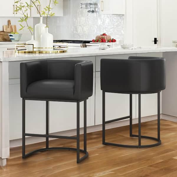 26 in. Black Low Back Bar Stool with Metal Frame Counter Height Faux Leather Upholstered Counter Stool Set of 2