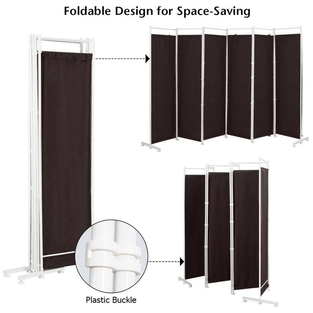 Brown Polyester 6-Panel Folding Room Divider with Steel Frame