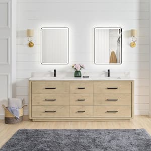 Porto 84 in. W x 22 in. D x 33.8 in. H Double Sink Bath Vanity in Natural Oak with White Quartz Stone Top