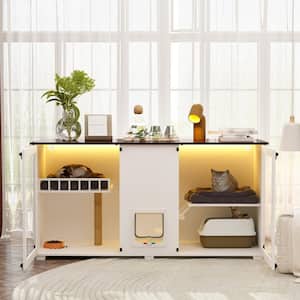 Large Cat House with Scratching Post and Light, Wooden Indoor Cat Cabinet Washroom Storage Side Table Furniture in White