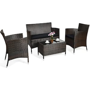 4-Piece Rattan Patio Furniture Set Cushioned Sofa Chair Coffee Table Black