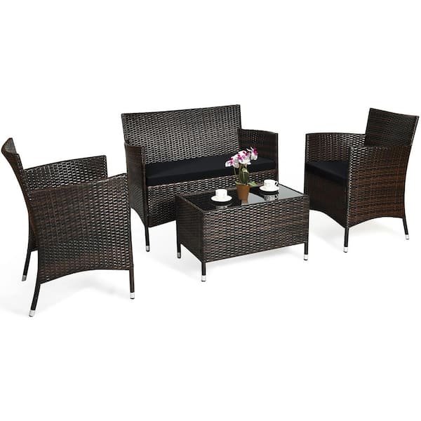 Costway 4-Piece Rattan Patio Furniture Set Cushioned Sofa Chair Coffee Table Black