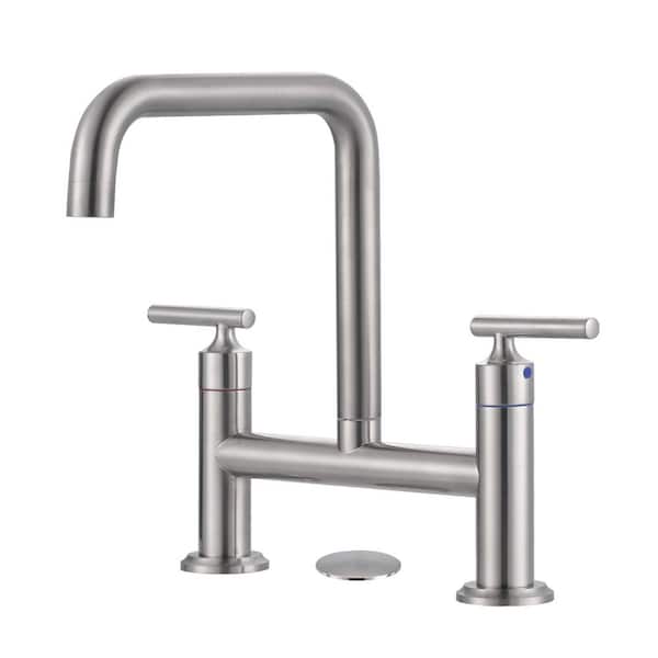 Double Handle Bridge Faucet with Kitchen Sink Hole Cover in Brushed Nickel