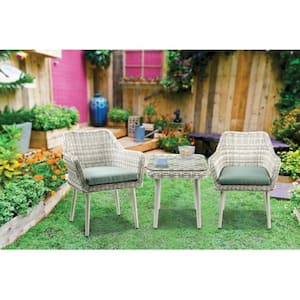 3-Piece Wicker Outdoor Bistro Set with 2 Armchairs, 1 Side Table and Green Cushions, All-Weather