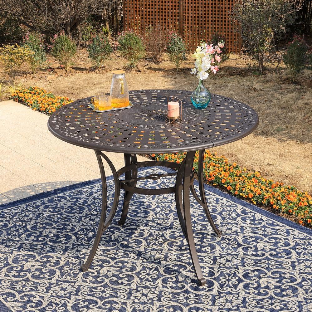 PHI VILLA Brown Aluminum Patio Outdoor Dining Height Bar Table THD