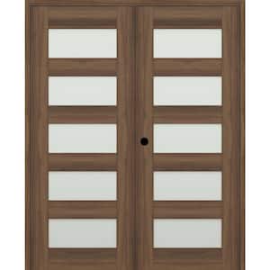 Vona 07-07 56 in. x 84 in. Right Active 5-Lite Frosted Glass Pecan Nutwood Wood Composite Double Prehung Interior Door