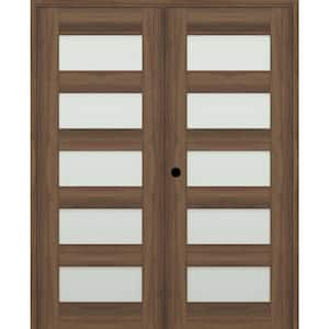 Vona 07-07 72 in. x 84 in. Right Active 5-Lite Frosted Glass Pecan Nutwood Wood Composite Double Prehung Interior Door