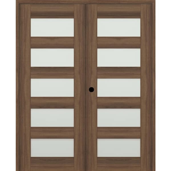 Belldinni Vona 07-07 48 in. x 96 in. Right Active 5-Lite Frosted Glass Pecan Nutwood Wood Composite Double Prehung Interior Door