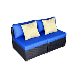 2-Piece Patio Wicker Lovesea, Additional Patio Conversation Sectional Armless Sofa Set with Royal Blue Cushions