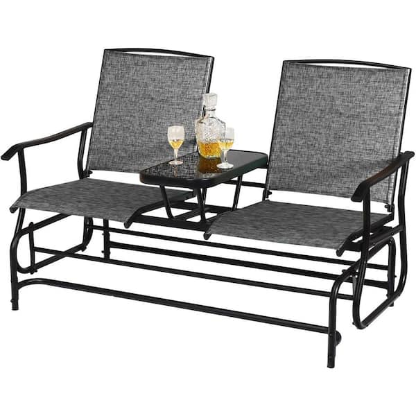 Unbranded 54 in. Gray Metal Frame Outdoor Glider with Center Tempered Glass Table for 2-Person